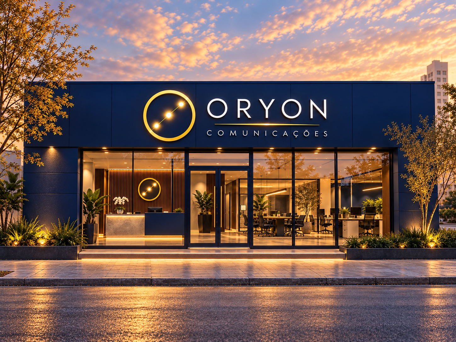 Fachada da Oryon Comunicações ao entardecer